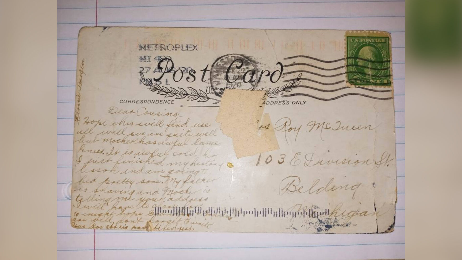 A postcard arrived in Michigan almost 100 years after it went in the mail